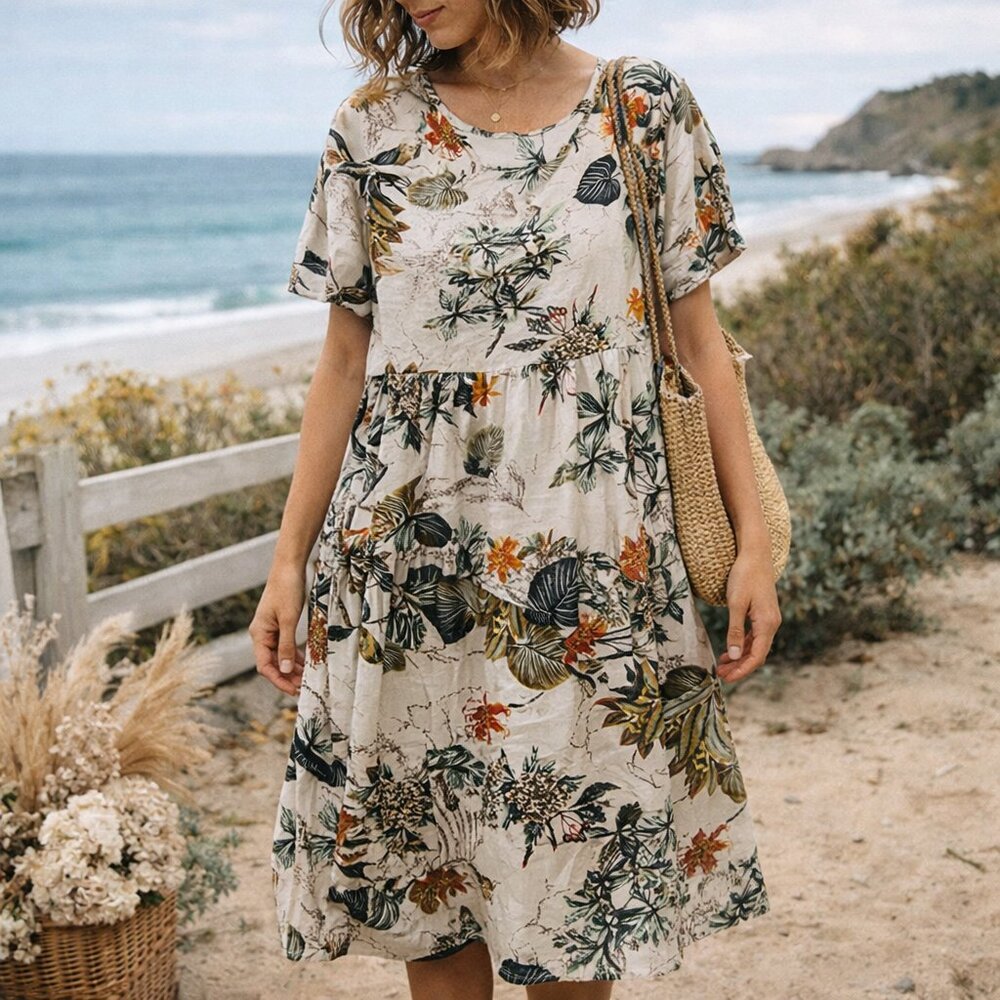 Zanzea Botanical Floral Midi Dress Boho Cottagecore Loose Fit Size M